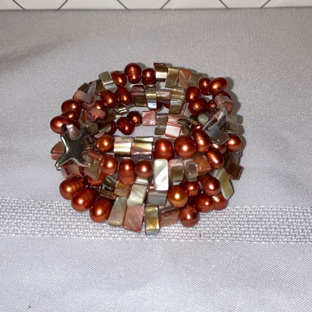 Freshwater Pearl and Shell Beaded Wrap Bracelet Handmade